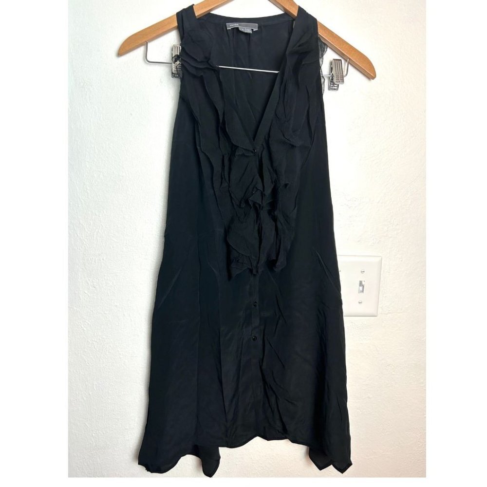 Vince Blouse Women's Small Silk Blend Ruffle Top Sleeveless Black Flowy Tunic